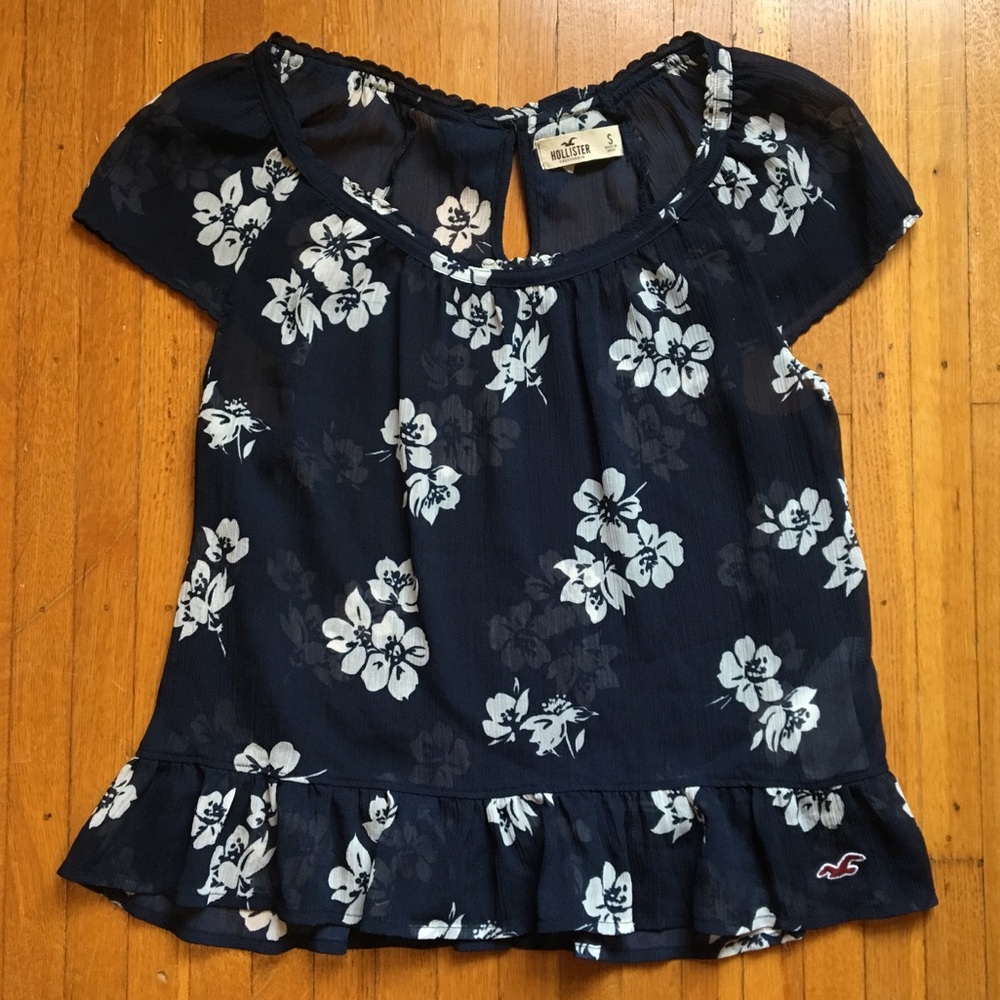 Navy Hollister Blouse with White Hawaiian Flowers